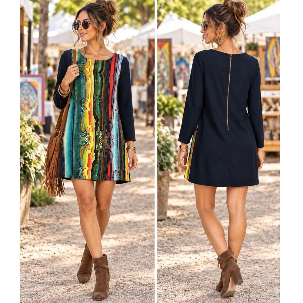 prAna Cece Dress Sz M Multicolor Abstract Long Sleeve Shift Mini Dress Back Zip